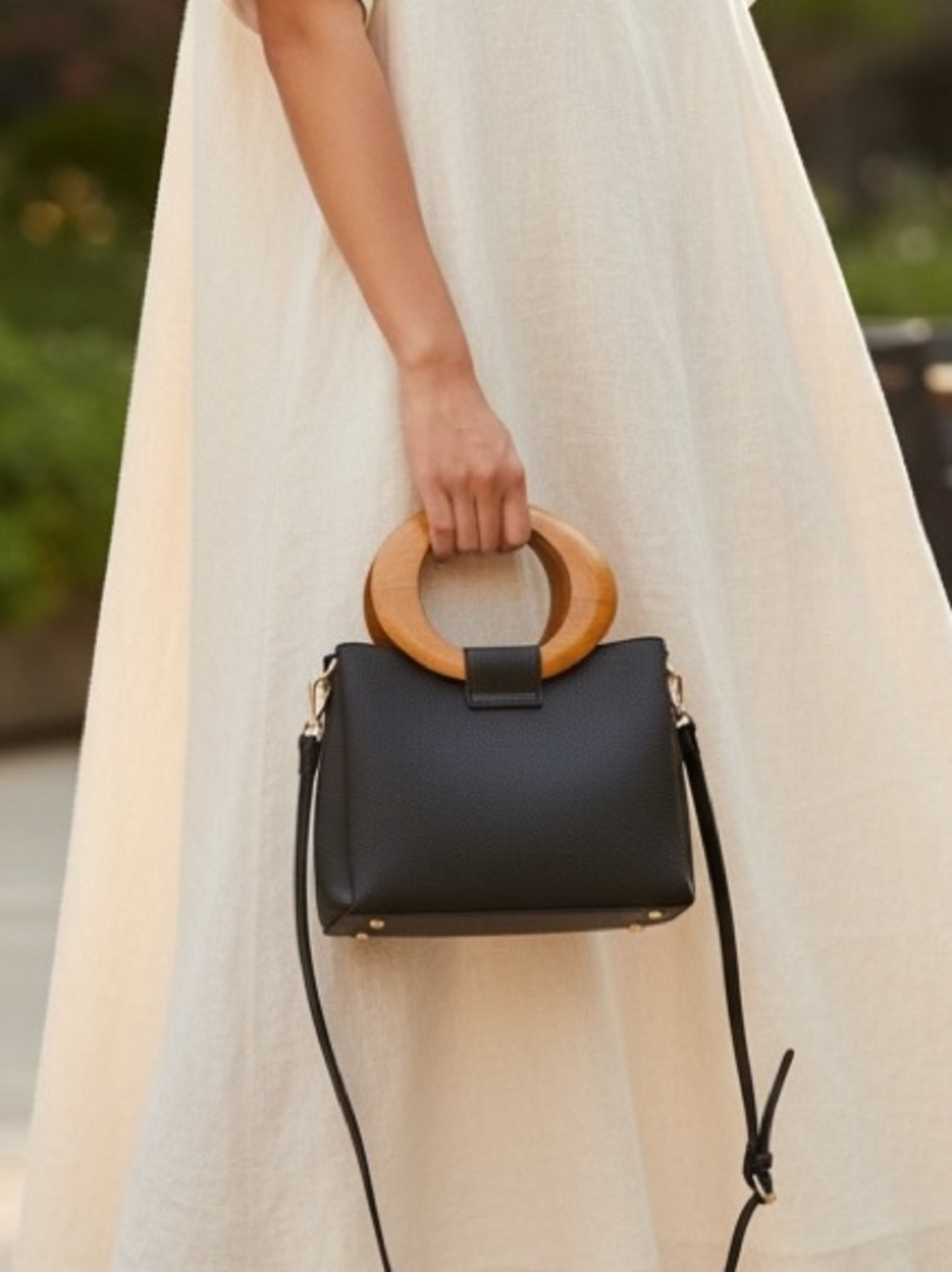 Black faux Leather crossbody Bag with gold and wood Accent